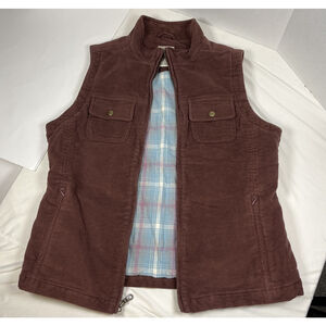 LL Bean Vest Womens M Full Zip Pink Brown Flannel Quilted Inside 0YV57 Gorpcore